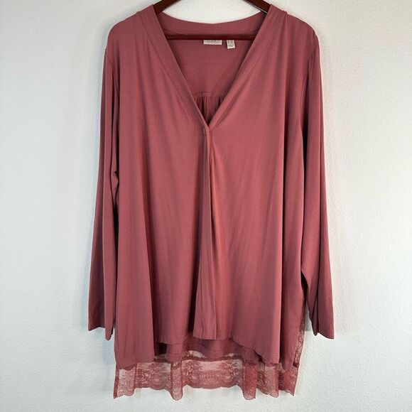 LOGO Lori Goldstein Rose Pink Jersey Cardigan Women’s 1X Mixed Media Lace Back - Picture 1 of 10